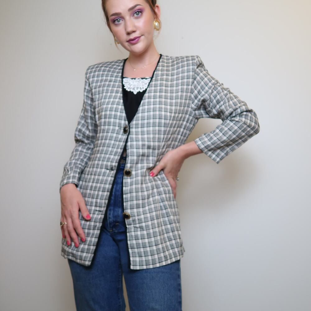 Vintage 90s black and cream plaid blazer